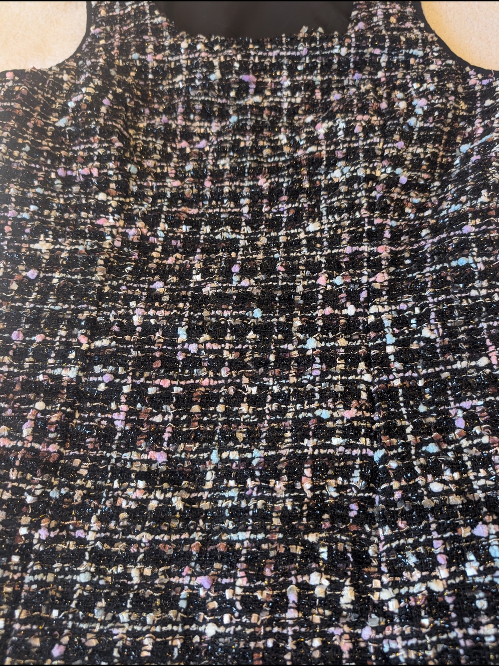 Sleeveless Black Tweed Shift Dress with Pastel Accents - Picture 2 of 5